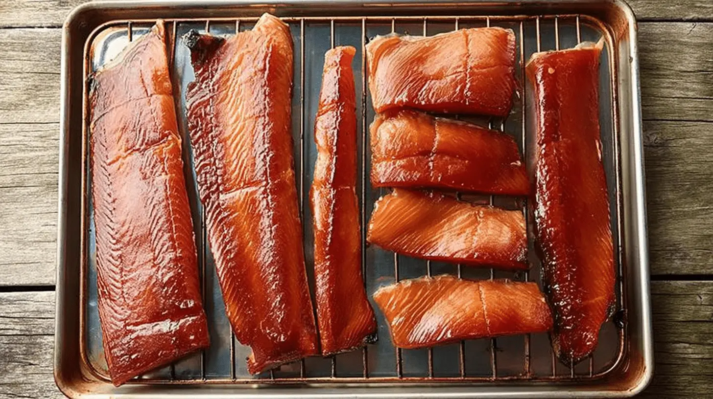 Top-down view of beautifully cooked, glossy smoked salmon fillets on a metal rack, perfect for any smoked salmon recipe.