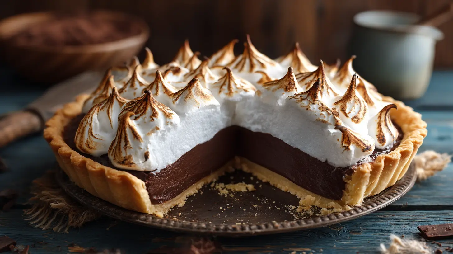 Classic chocolate pie topped with fluffy meringue and a crisp golden crust