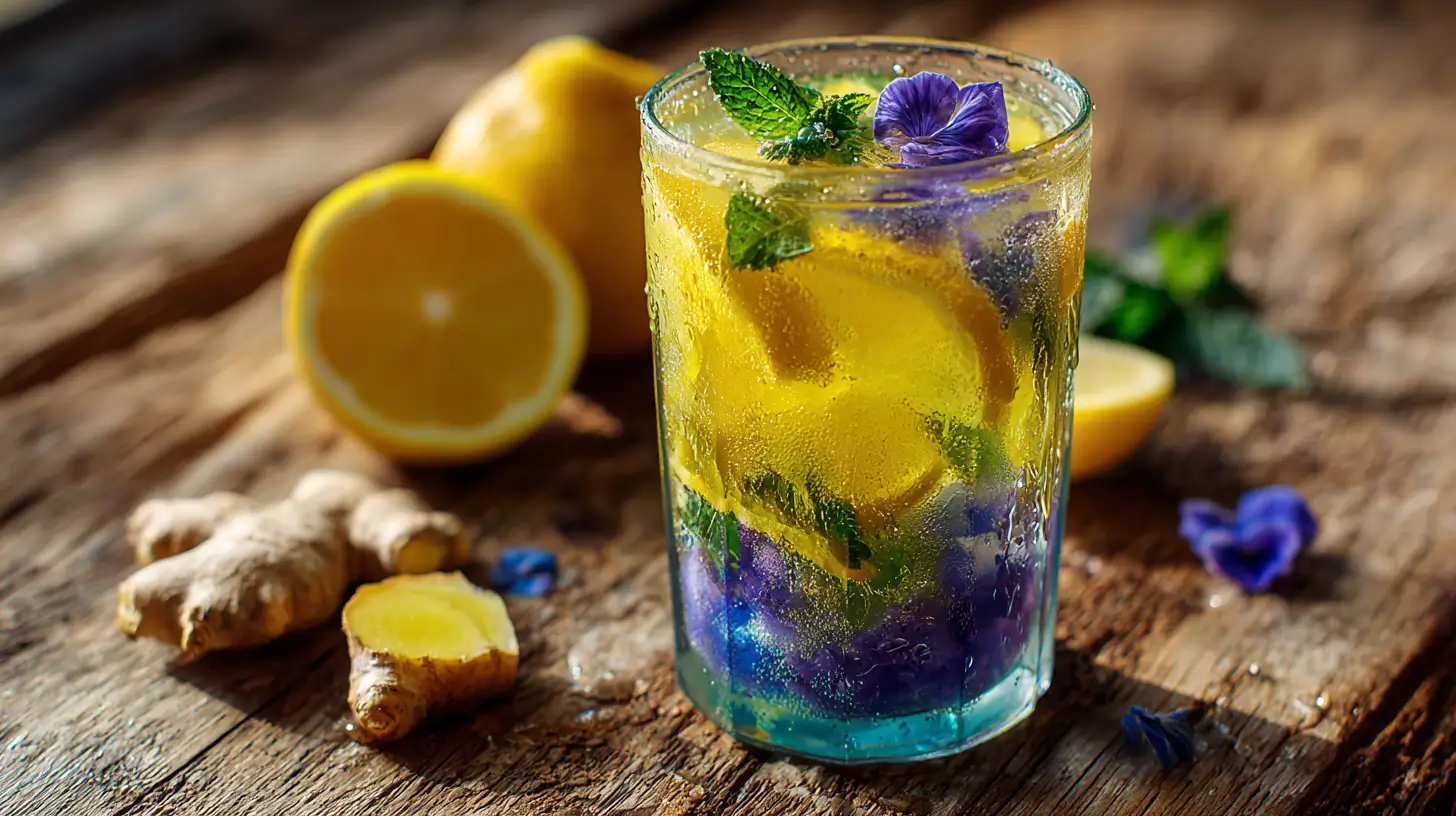 Natural ginger lemon wellness drink with fresh lemon slices, ginger, and herbs in a glass