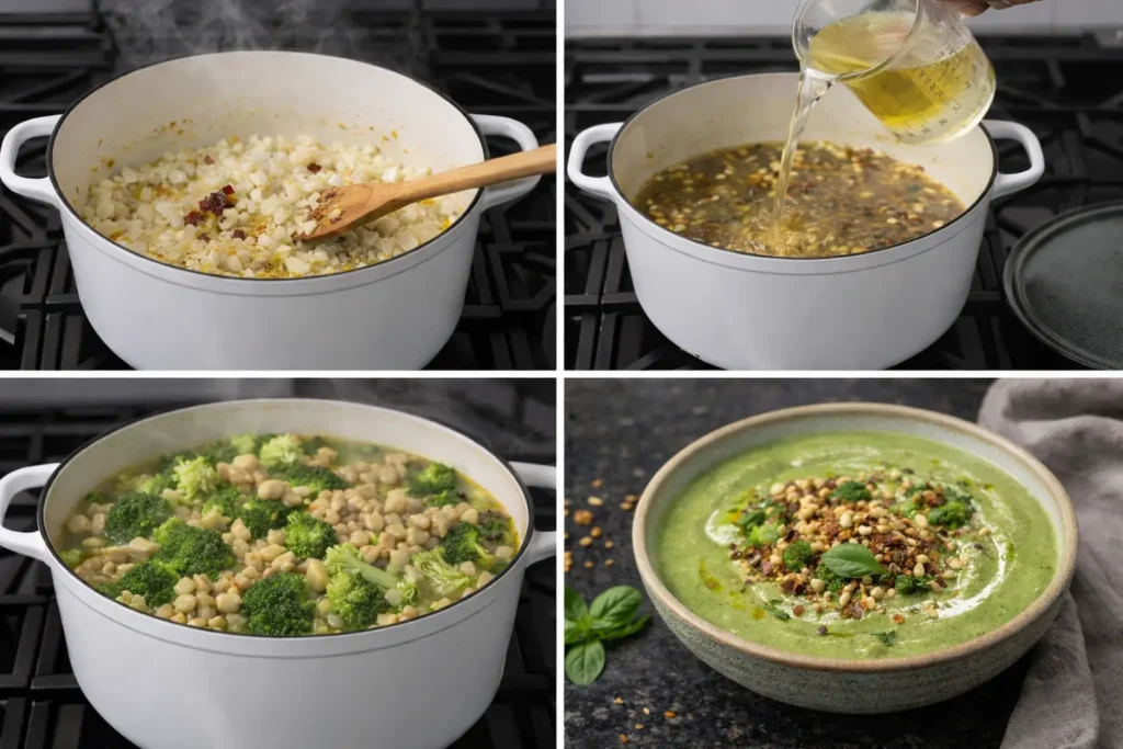 vegan-broccoli-soup-prep Step-by-step preparation of vegan broccoli soup: blending the cooked broccoli.