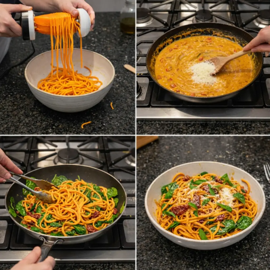 sweet-potato-noodles-prep-steps Step-by-step preparation of simple sweet potato noodles recipe.