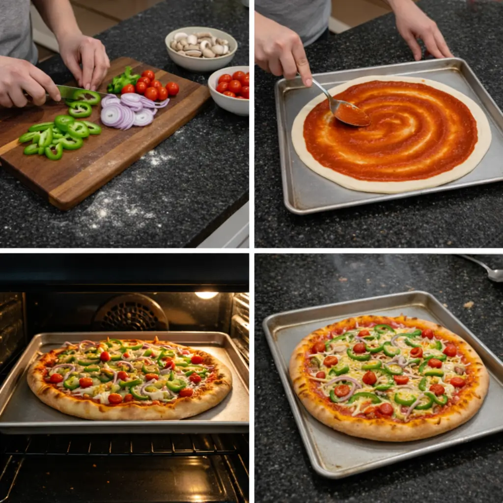 classic-vegan-pizza-prep Step-by-step prep for a classic vegan pizza includes spreading sauce and adding toppings.
