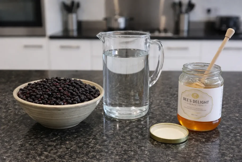 elderberry-syrup-recipe-ingredients Bowl of dried elderberries with water and honey on a black marble kitchen countertop, ingredients for homemade elderberry syrup