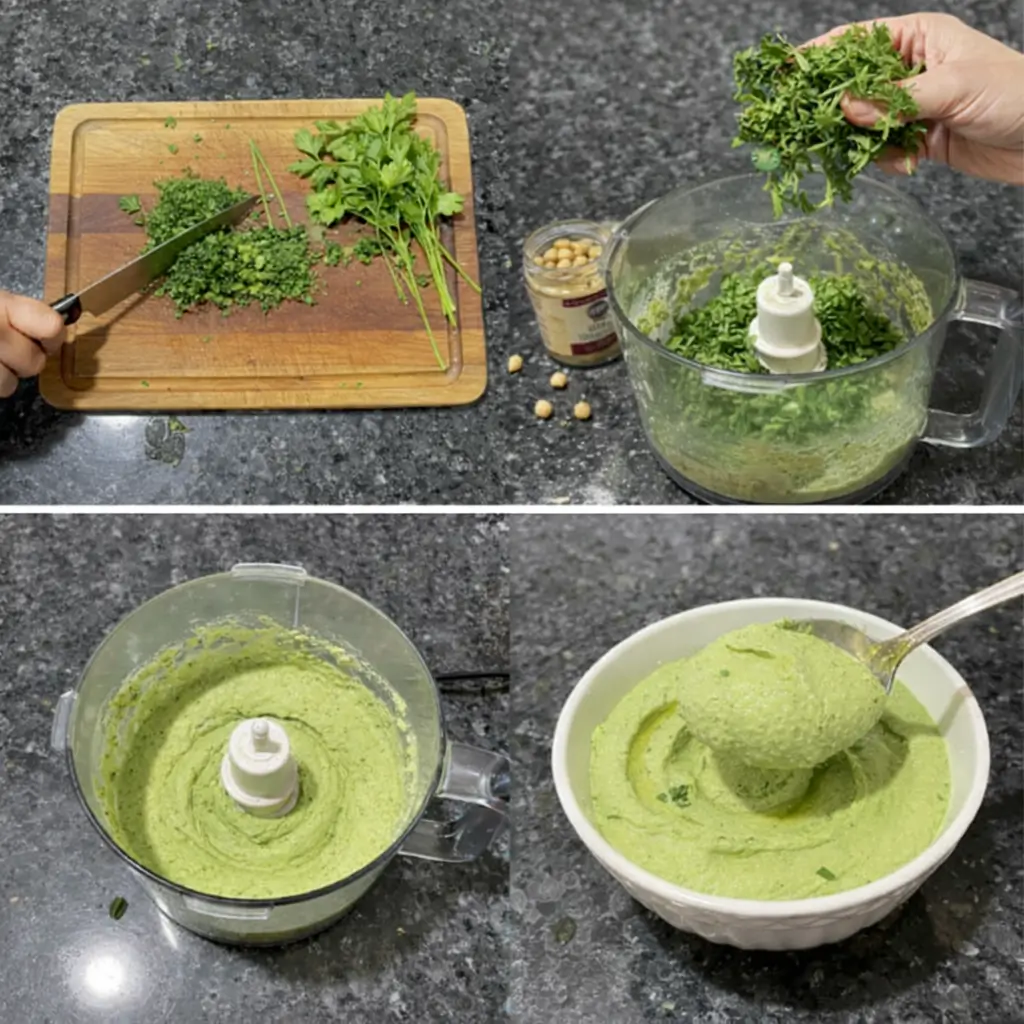 green-goddess-hummus-prep Blending green goddess hummus in a food processor until smooth and creamy.