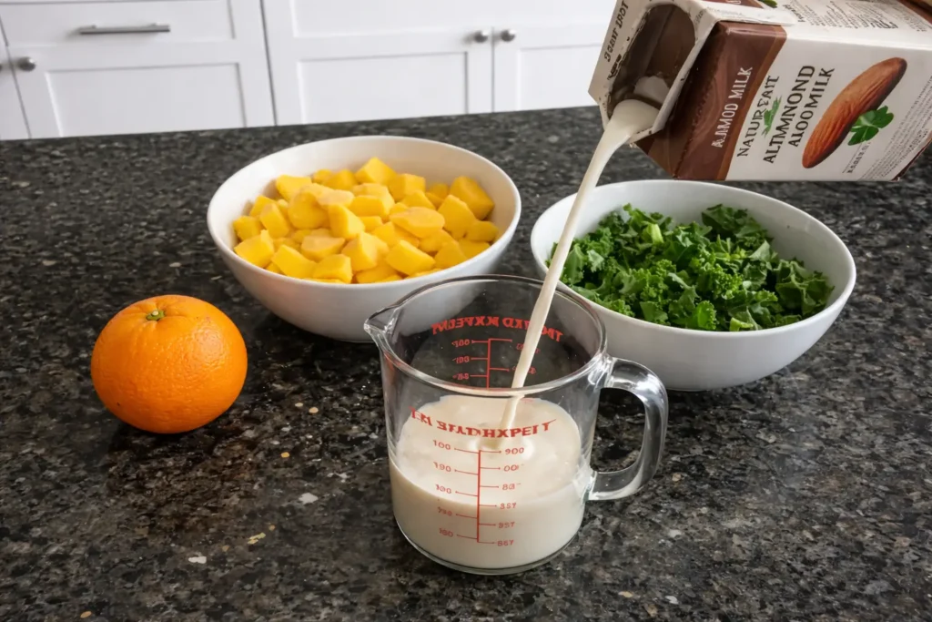 kale-mango-smoothie-ingredients Fresh ingredients for Kale Mango Smoothie: kale, mango, banana.