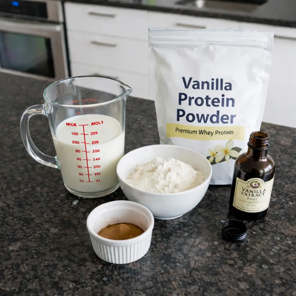 vanilla-protein-shake-ingredients Vanilla protein shake ingredients: protein powder, milk, vanilla, ice.