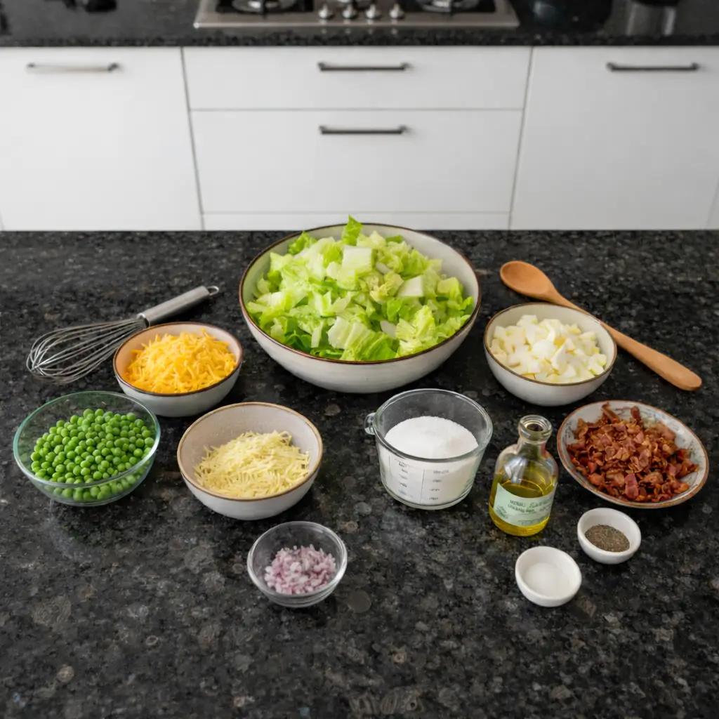 7-layer-salad-ingredients 7 layer salad ingredients: lettuce, tomatoes, peas, and more.