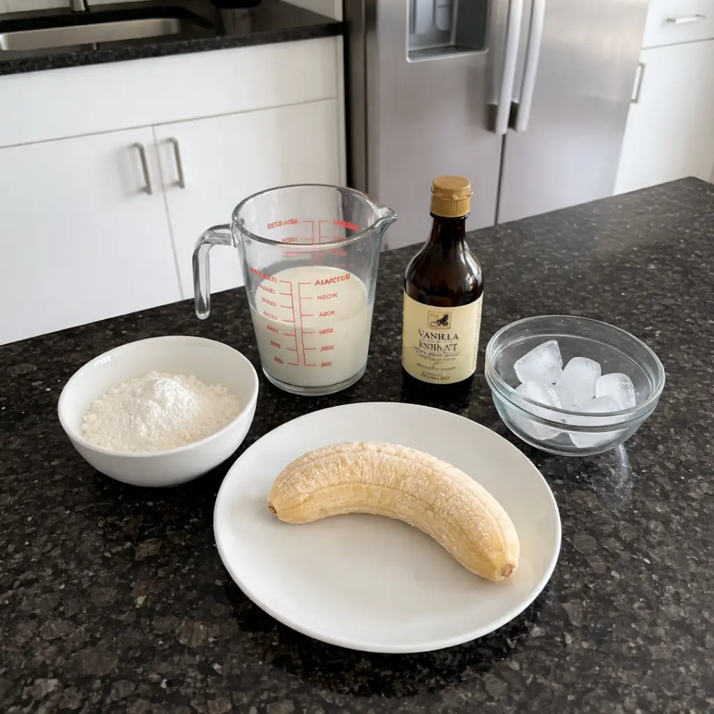 vanilla-protein-shake-ingredients Vanilla protein shake ingredients: protein powder, milk, vanilla extract, ice.