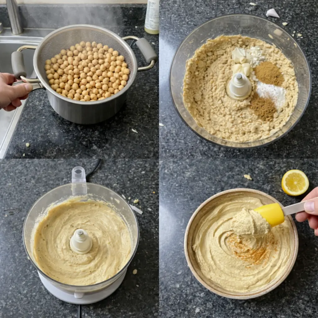 homemade-hummus-prep-steps Step-by-step instructions for preparing homemade hummus recipe.