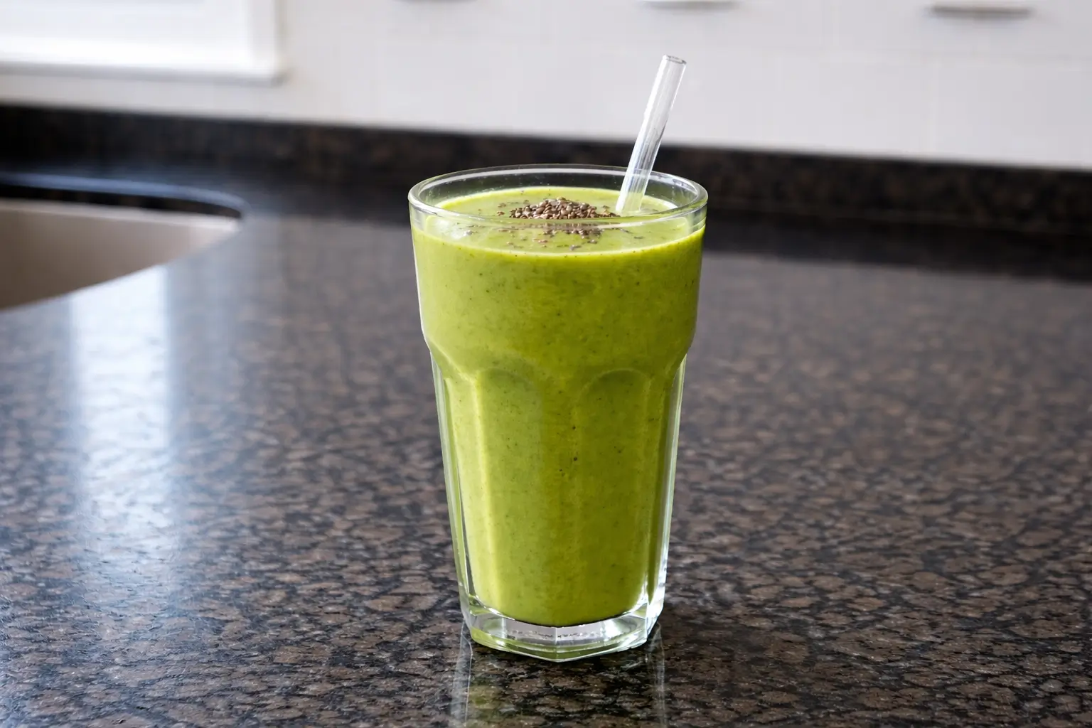 A stack of fluffy pancakes topped with banana slices, almonds, chia seeds, and maple syrup, served with a glass of orange juice.