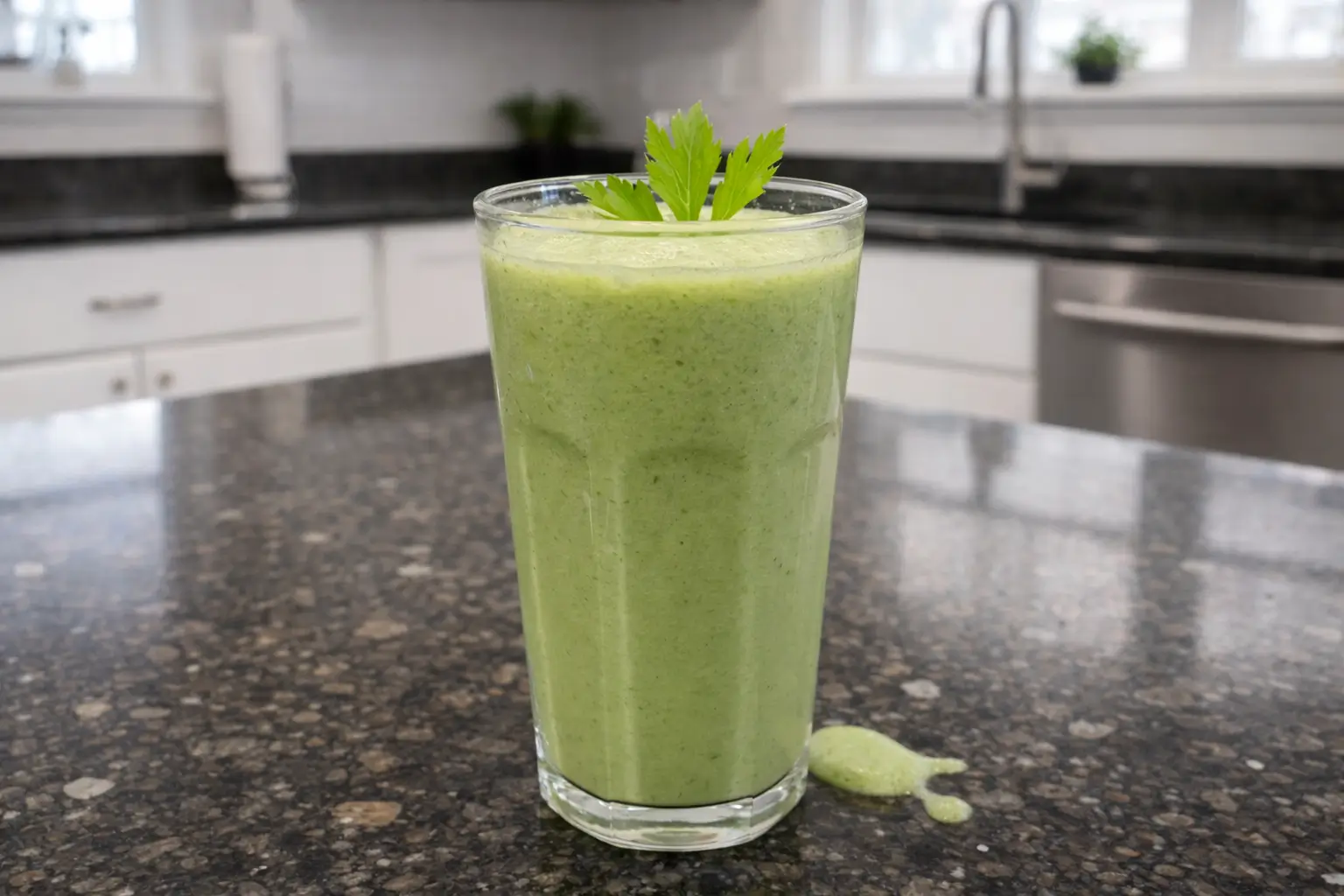 A stack of fluffy pancakes topped with banana slices, almonds, chia seeds, and maple syrup, served with a glass of orange juice.