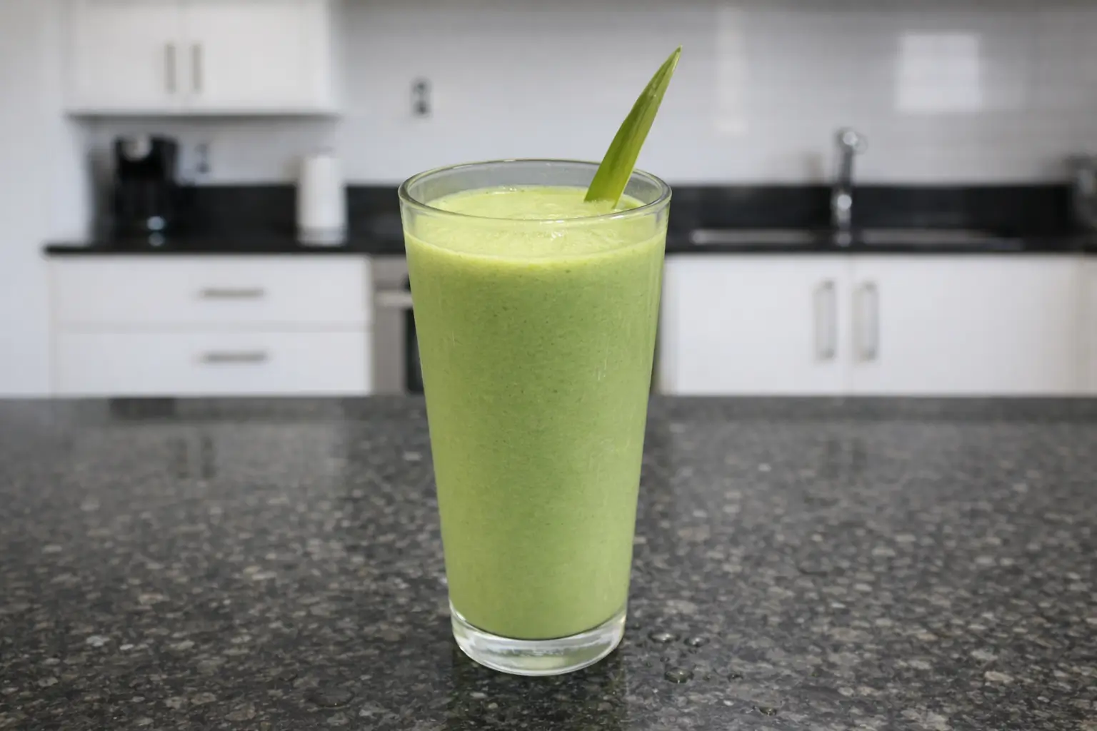A stack of fluffy pancakes topped with banana slices, almonds, chia seeds, and maple syrup, served with a glass of orange juice.