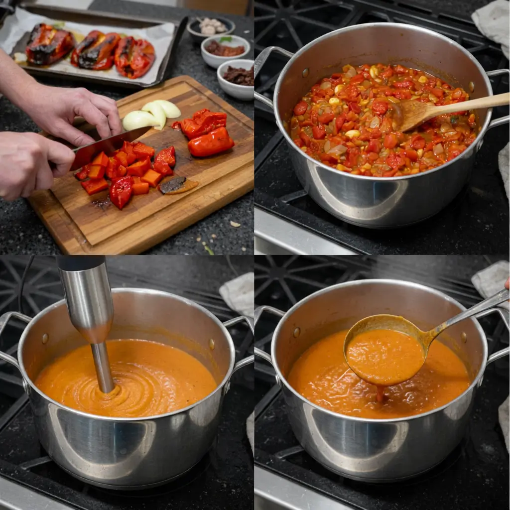 roasted-red-pepper-soup-prep Red peppers roasting on a baking sheet for homemade soup.