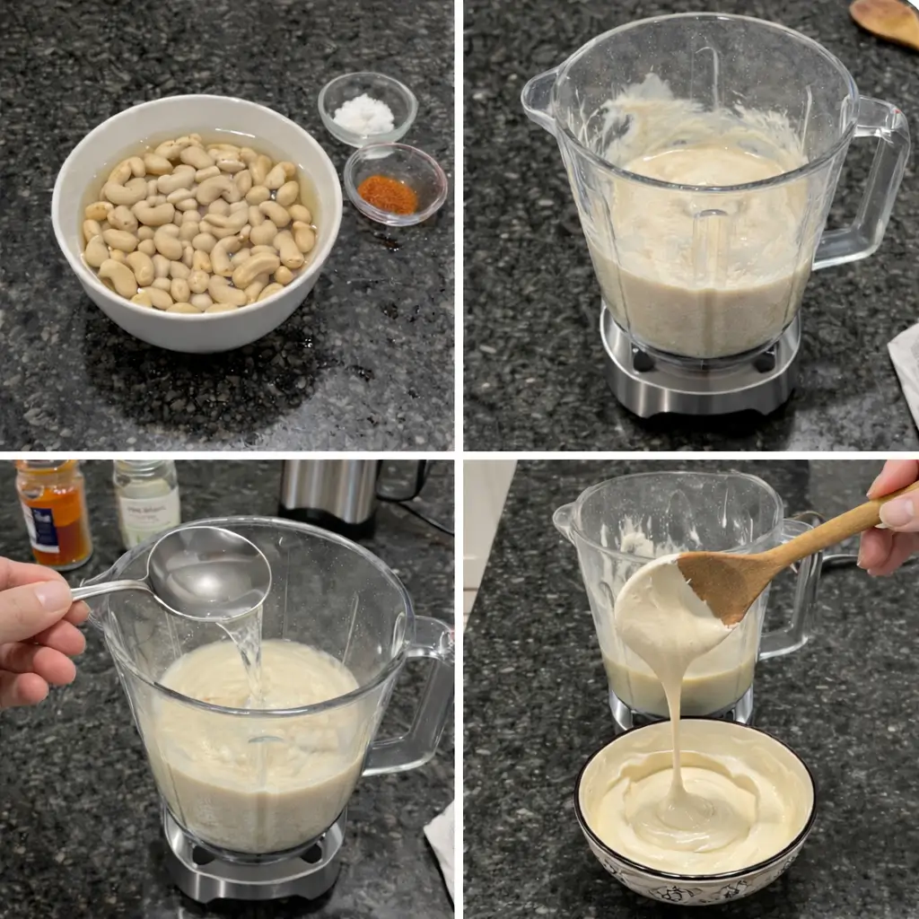 cashew-cream-prep Blending soaked cashews until smooth for homemade cashew cream.