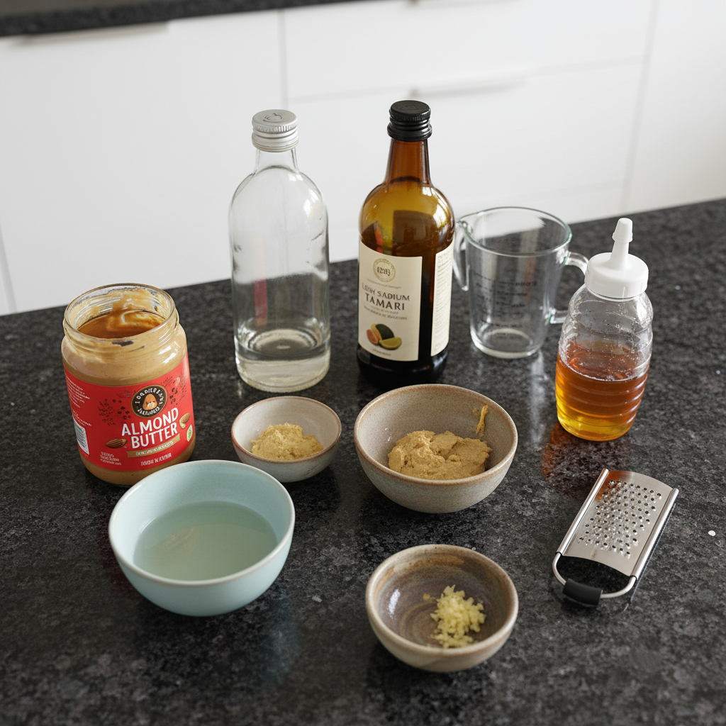 Ingredients for almond butter sauce, including almond butter, honey, and vanilla.