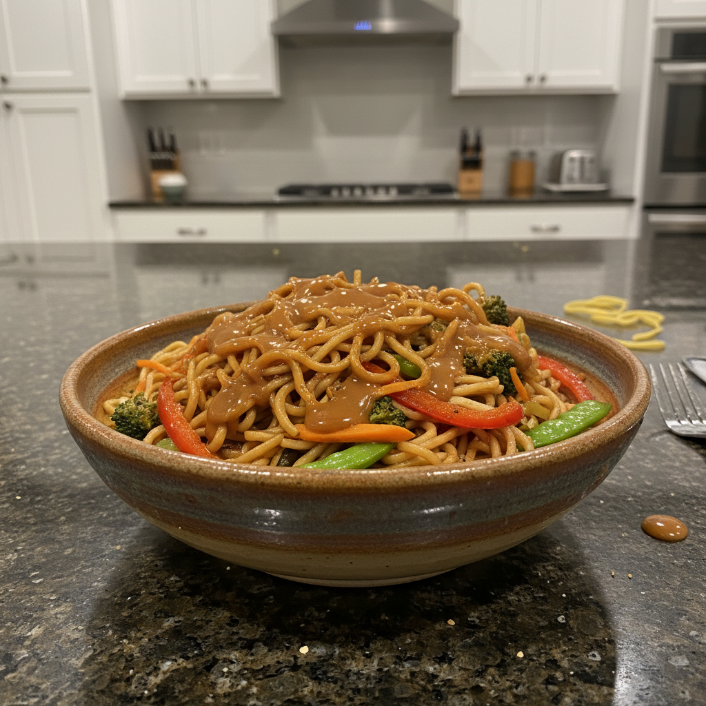 A stack of fluffy pancakes topped with banana slices, almonds, chia seeds, and maple syrup, served with a glass of orange juice.