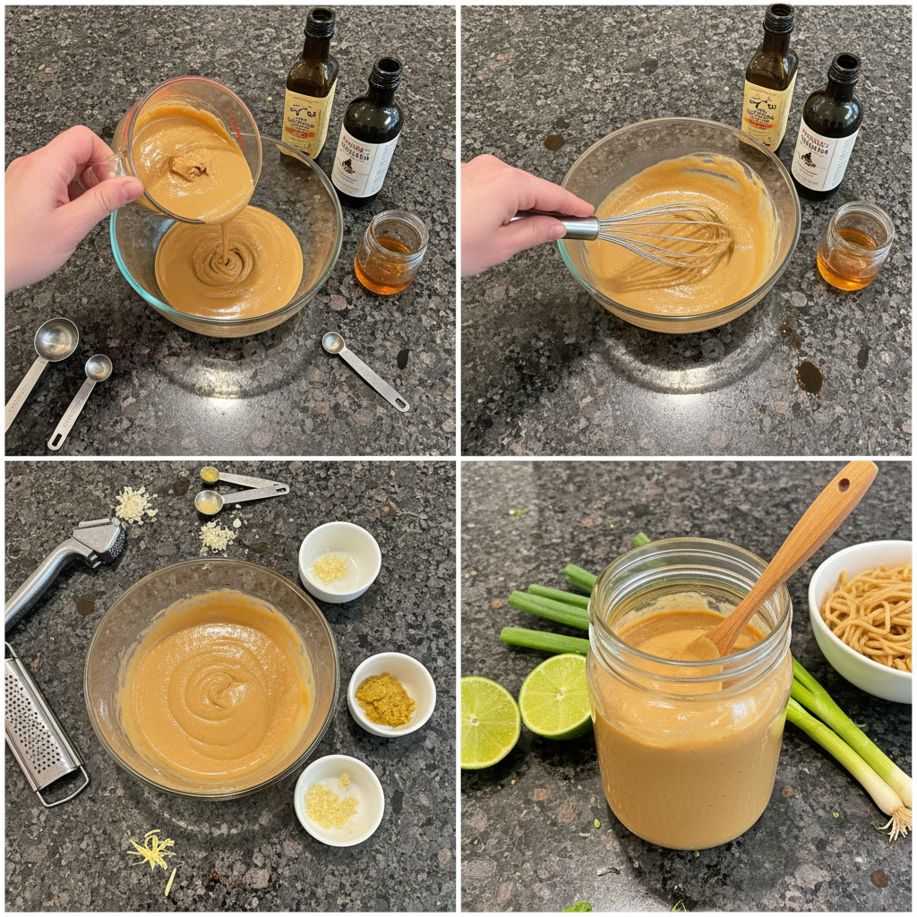 Step-by-step prep of almond butter sauce in a saucepan on the stovetop.