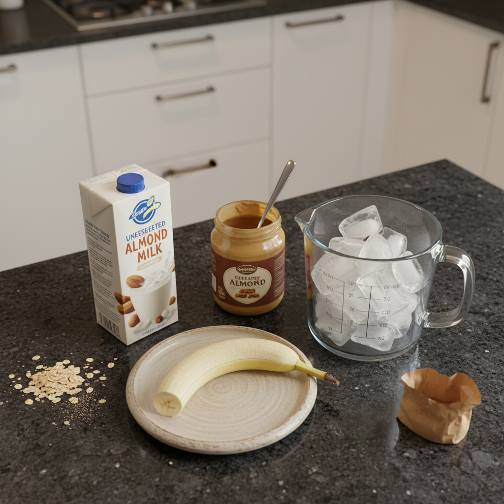 Ingredients for almond butter smoothie recipe: almond butter, banana, milk, ice.