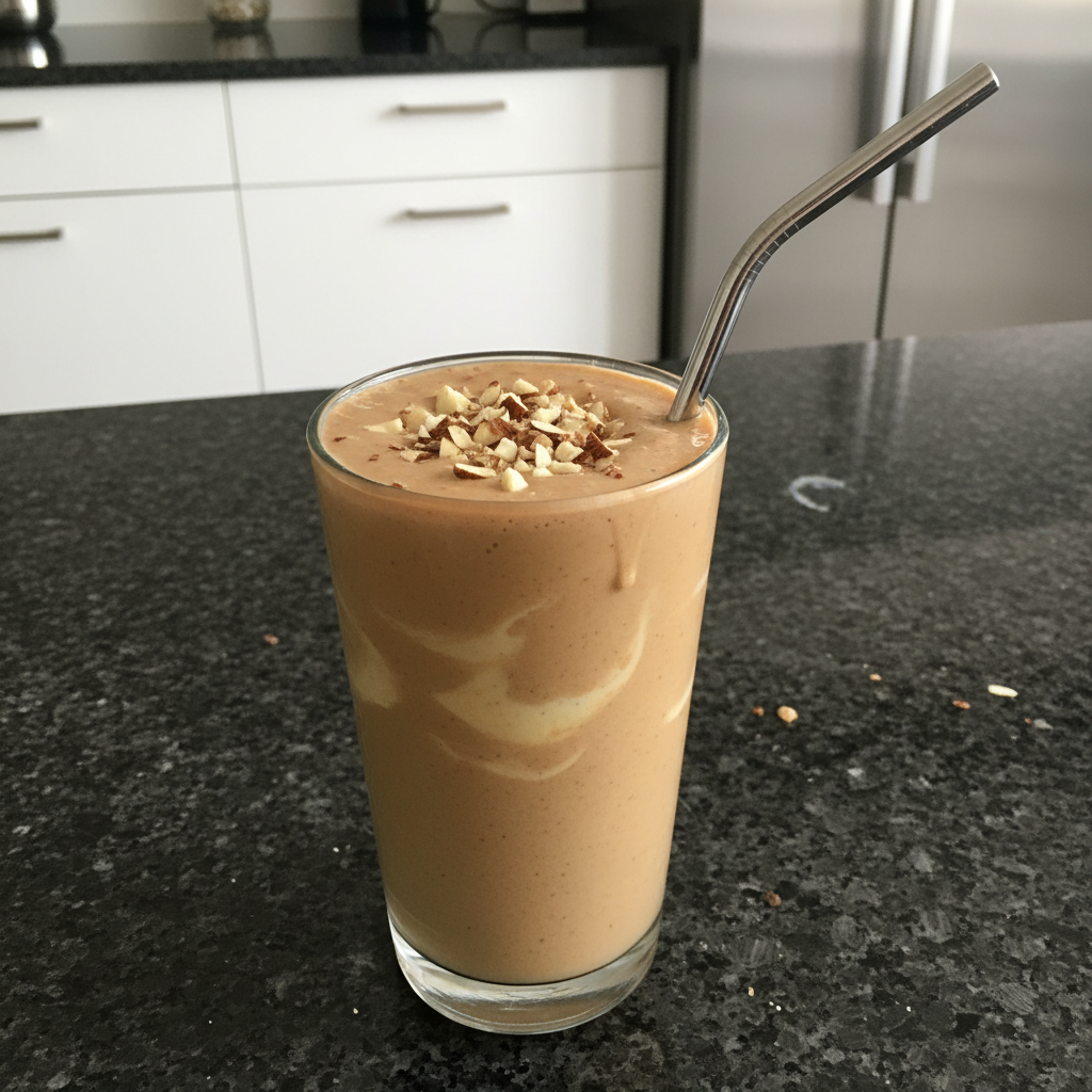 A stack of fluffy pancakes topped with banana slices, almonds, chia seeds, and maple syrup, served with a glass of orange juice.