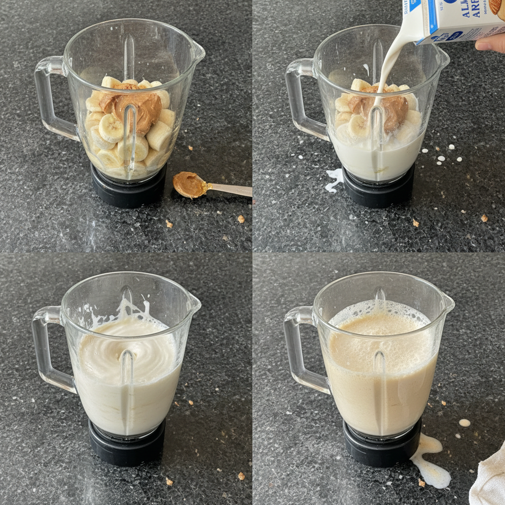 Blending almond butter smoothie in a blender until smooth.