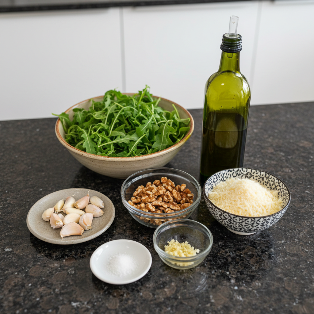 Fresh ingredients for Arugula Pesto: arugula, garlic, pine nuts, parmesan, olive oil.