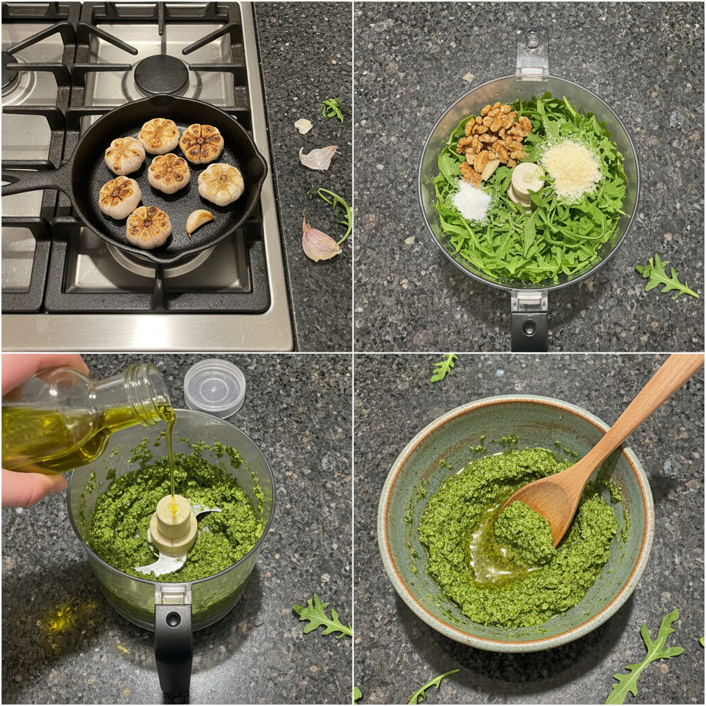 Making Arugula Pesto: blending ingredients in a food processor until smooth.