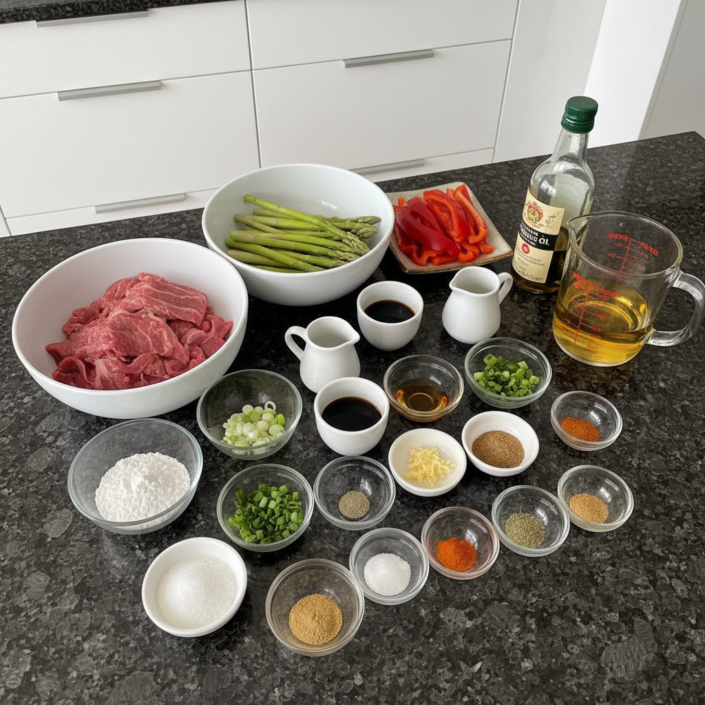 Fresh ingredients for asparagus stir fry, including asparagus, soy sauce, ginger, and garlic.