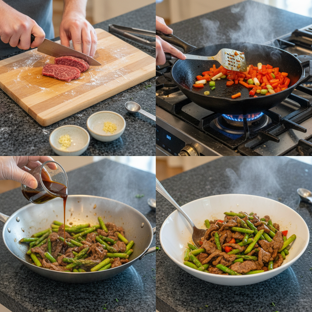 Asparagus stir fry preparation steps, including chopping vegetables and measuring sauce ingredients.