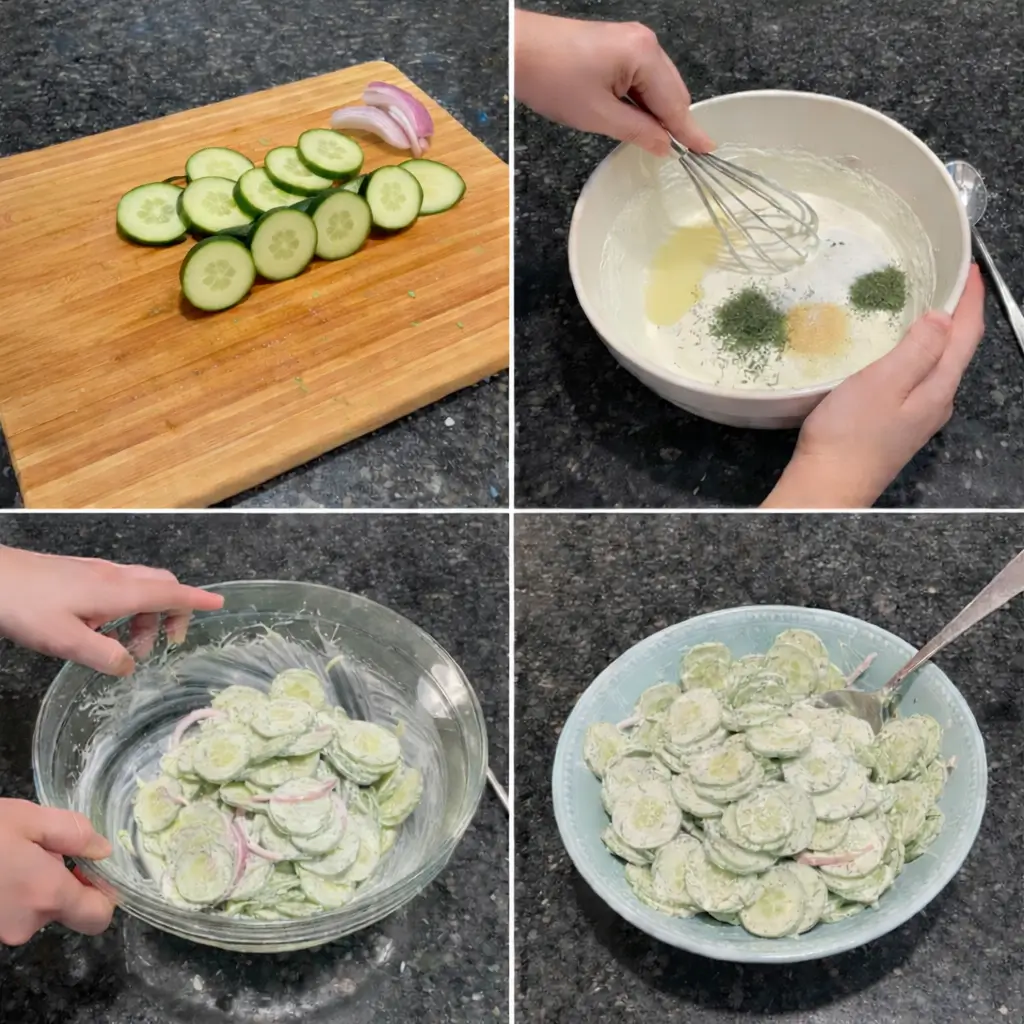 cucumber-salad-prep-steps Preparing cucumber salad by slicing cucumbers and mixing the dressing.