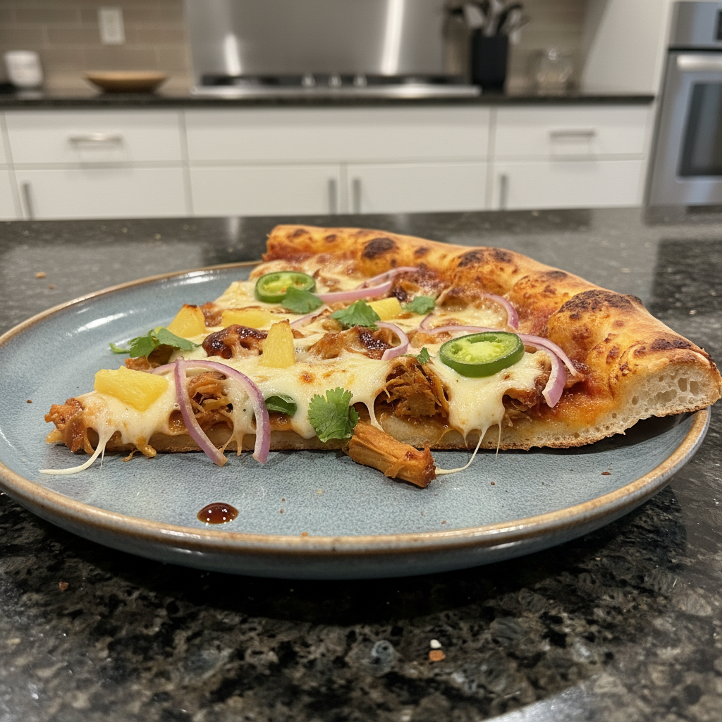 A stack of fluffy pancakes topped with banana slices, almonds, chia seeds, and maple syrup, served with a glass of orange juice.