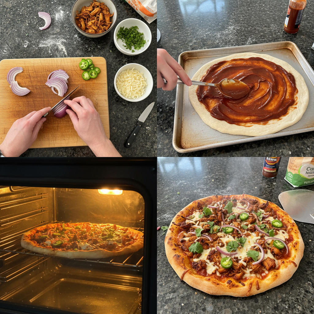 Step-by-step preparation of BBQ Jackfruit Pizza.