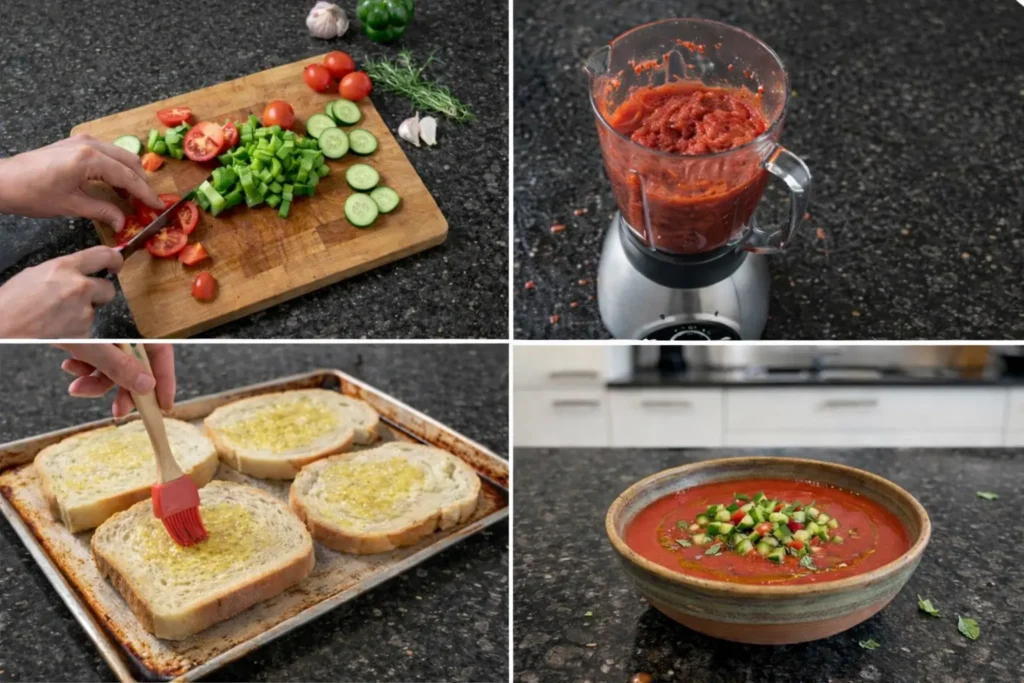 gazpacho-soup-preparation Blending vegetables to make homemade gazpacho soup.