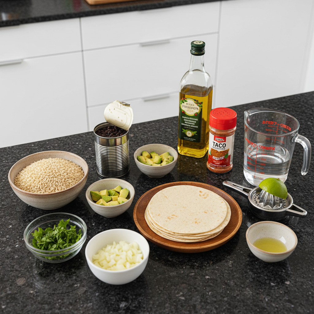 Fresh ingredients for making a bean and rice burrito.