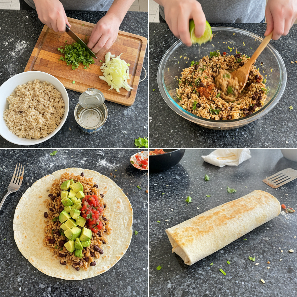Step-by-step preparation of a bean and rice burrito.