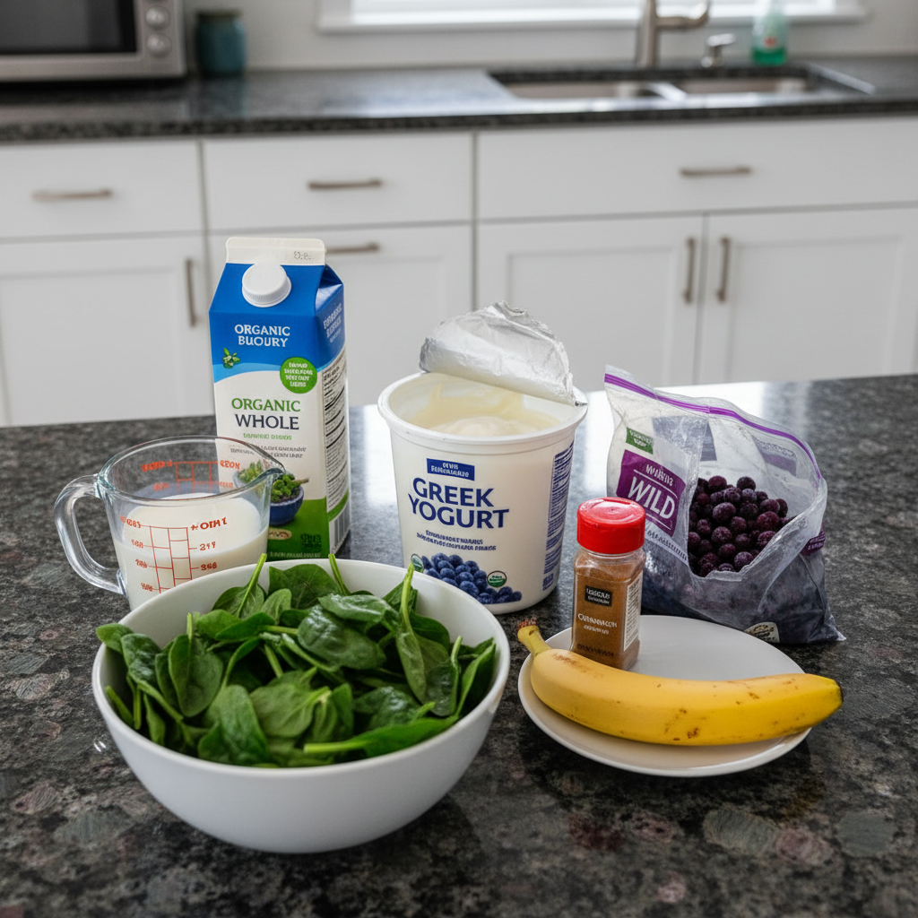 Fresh ingredients for a green smoothie: spinach, blueberries, banana.