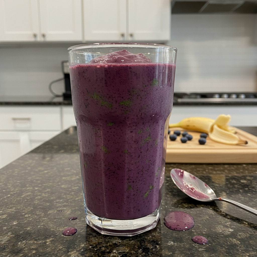 A stack of fluffy pancakes topped with banana slices, almonds, chia seeds, and maple syrup, served with a glass of orange juice.