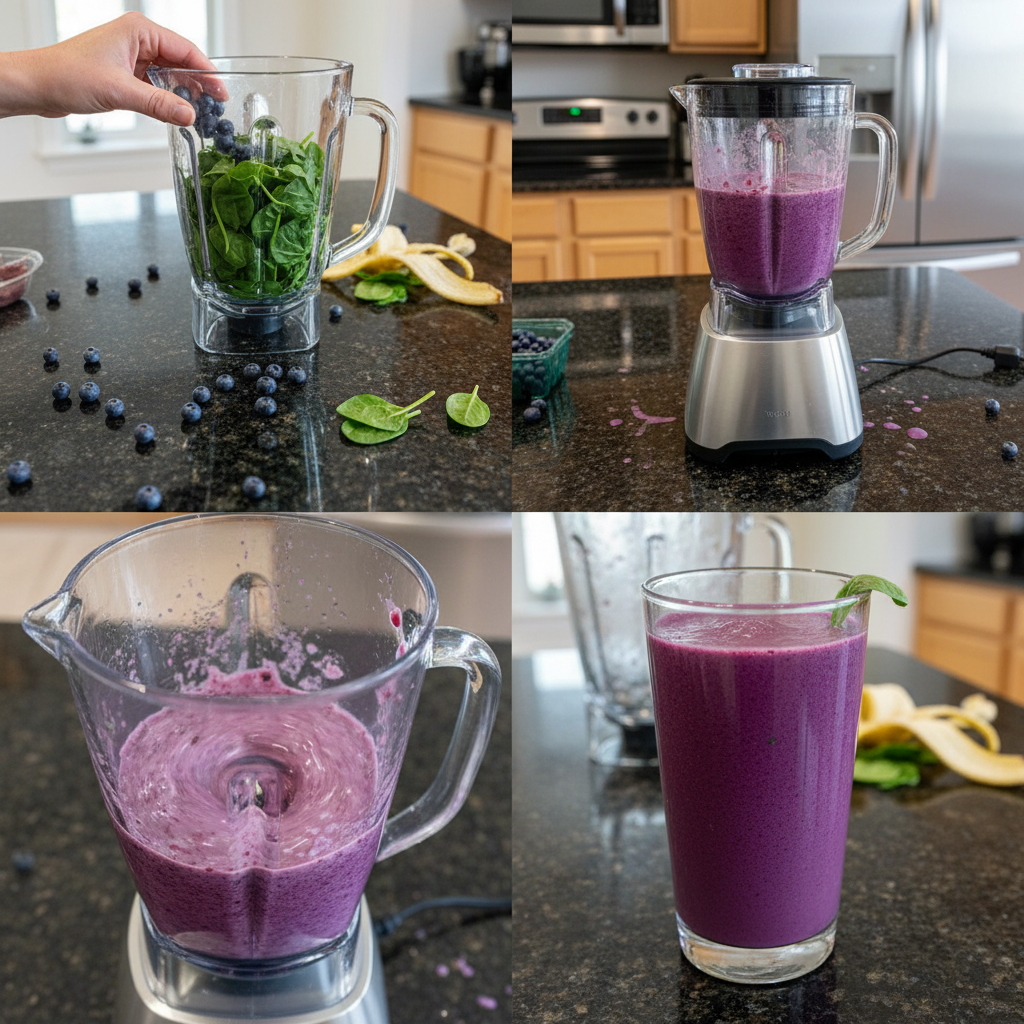 Blending a healthy green blueberry spinach smoothie.