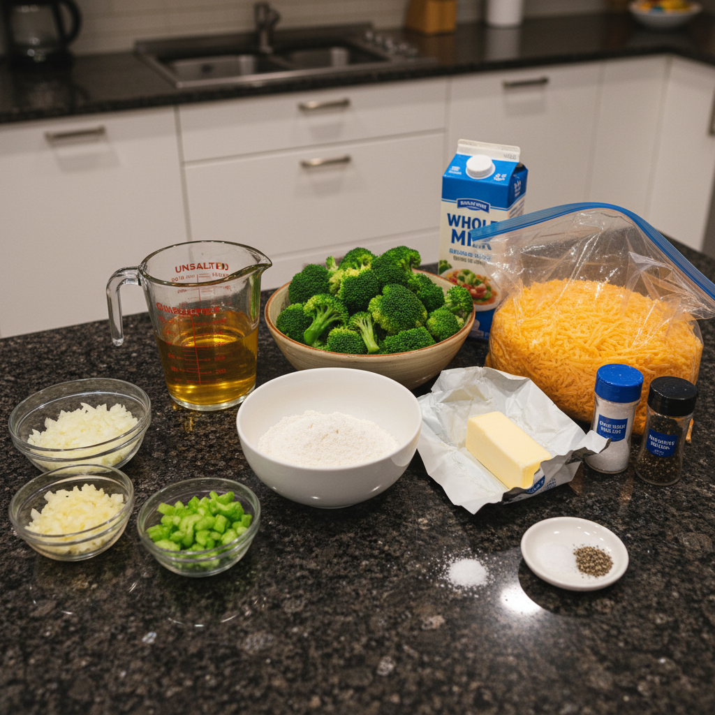 Fresh ingredients for making delicious broccoli cheddar soup.
