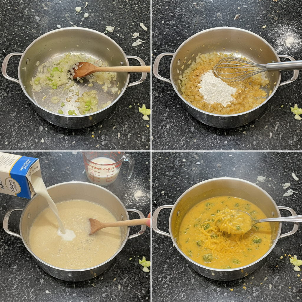 Preparing broccoli cheddar soup recipe in a pot on the stove.