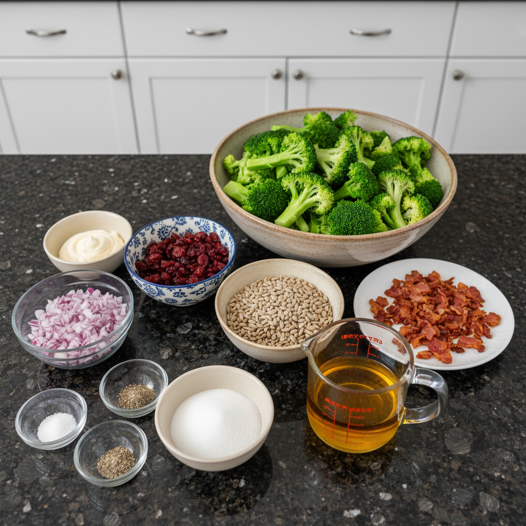 Broccoli salad ingredients: fresh broccoli, bacon, cranberries, and dressing.