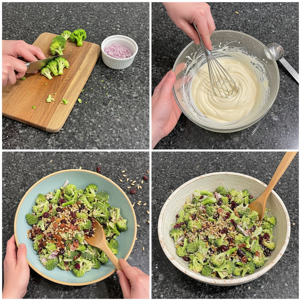Preparing broccoli salad with bacon, cranberries, and creamy dressing.