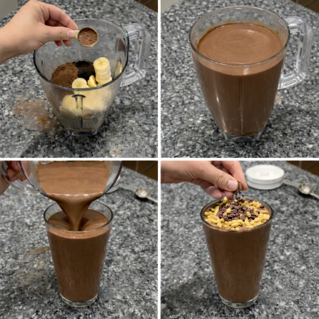 chocolate-protein-shake-prep Blending a creamy chocolate protein shake in a high-speed blender until smooth.