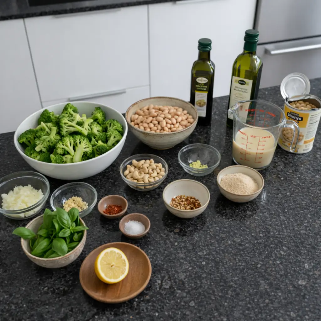 vegan-broccoli-soup-ingredients Fresh ingredients for vegan broccoli soup including broccoli florets, vegetable broth, and spices.