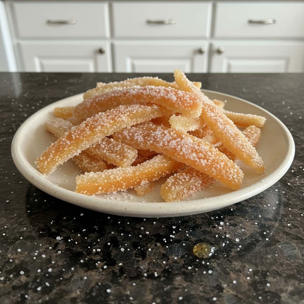 A stack of fluffy pancakes topped with banana slices, almonds, chia seeds, and maple syrup, served with a glass of orange juice.