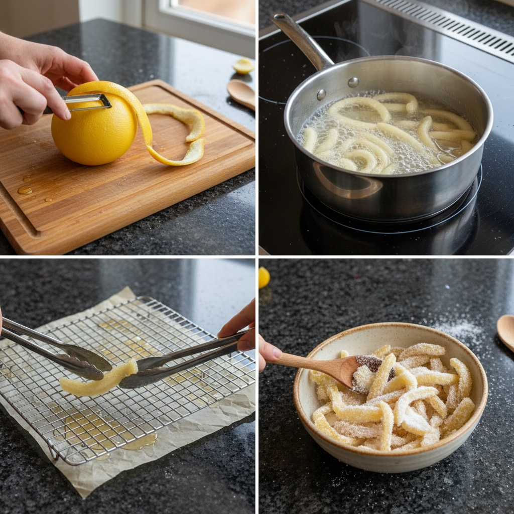 Preparing the candied grapefruit peel by simmering in sugar syrup.