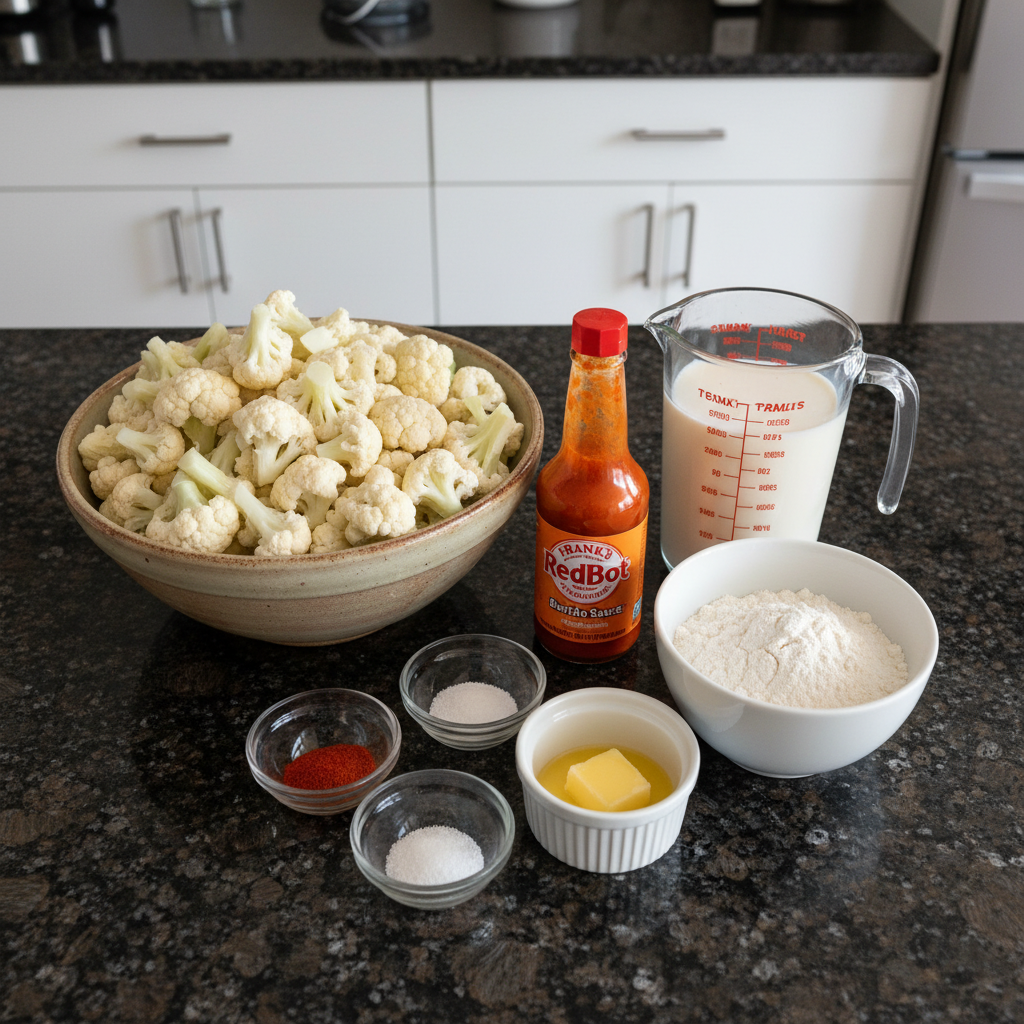 Gathered ingredients for making cauliflower buffalo wings at home.
