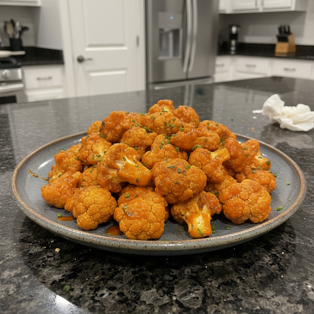 A stack of fluffy pancakes topped with banana slices, almonds, chia seeds, and maple syrup, served with a glass of orange juice.