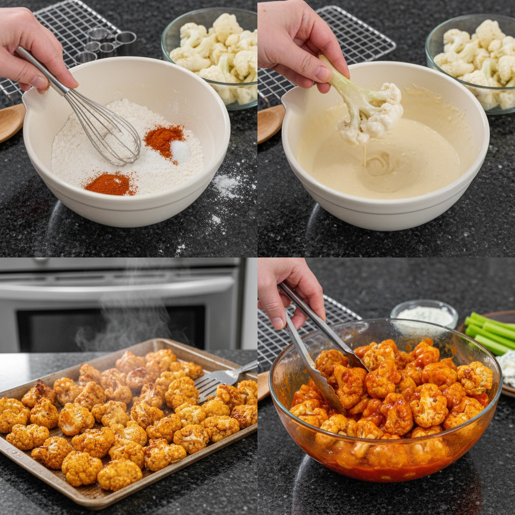 Step-by-step preparation of cauliflower buffalo wings recipe.