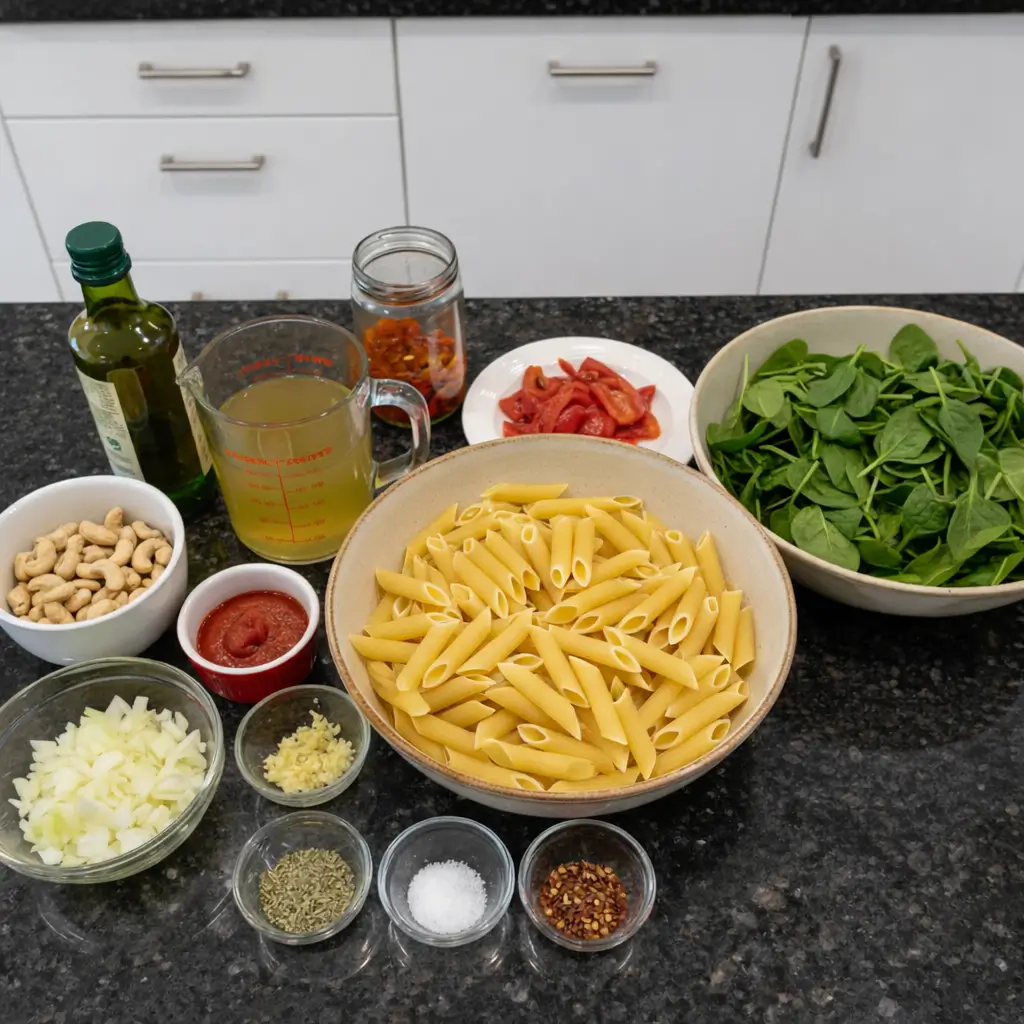 vegan-one-pot-pasta-ingredients Fresh ingredients for easy vegan one pot pasta recipe.