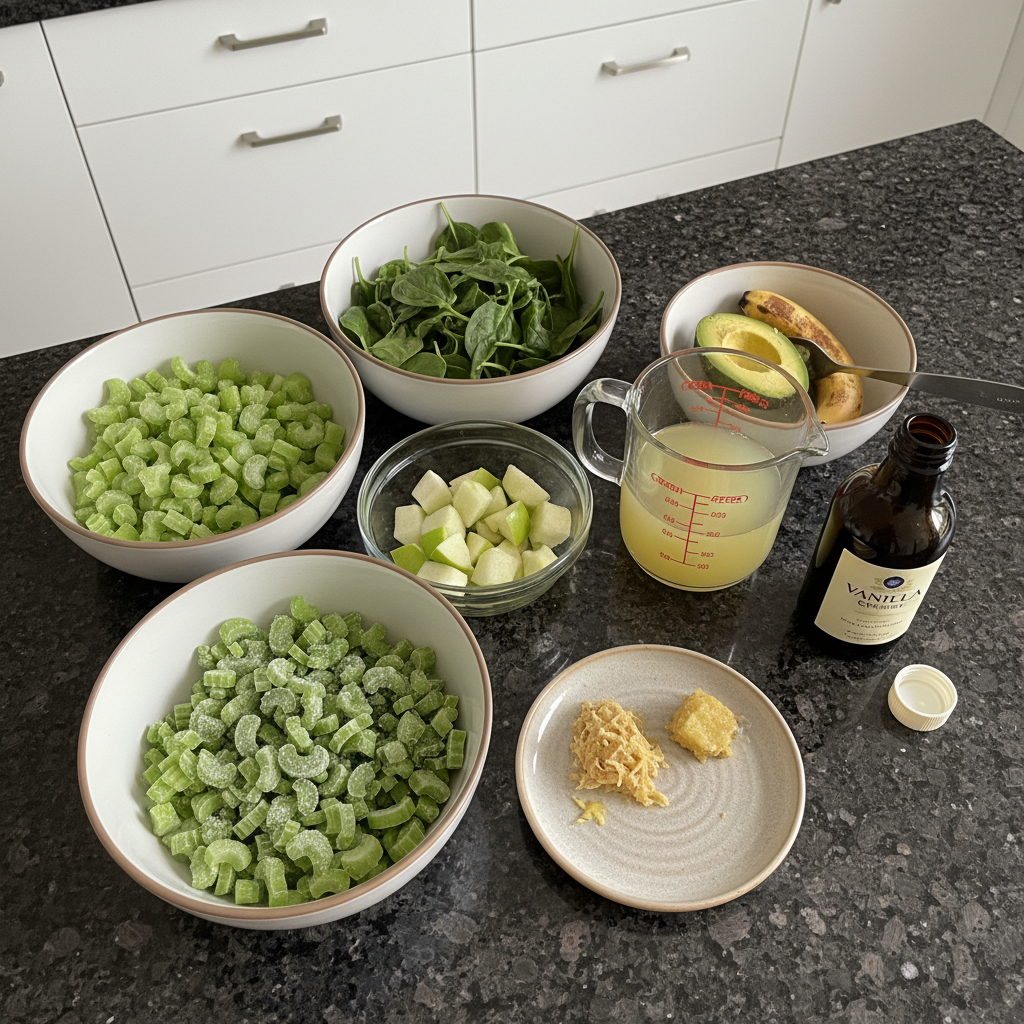 Fresh ingredients for celery smoothie: celery stalks, green apple, lemon, ginger.